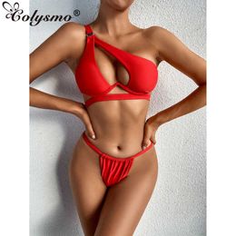 Colysmo Single Shoulder Bikinis Cut out Solid Colour Adjustable Strap Push up Brazilian Bikini 2 Piece Set Women Sexy Beachwear 210527