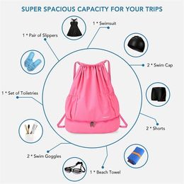 Foldable Drawstring Backpack Sports Gym Bag with Wet and Dry Compartments for Swimming Beach Camping Y0803