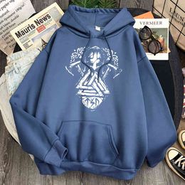 Vikings Print Man Hoodie Sweatshirts Fleece Pocket Casual Hooded Streetwear Unisex Fashion Vintage Hoody Anime Hip Hop Clothes H1227