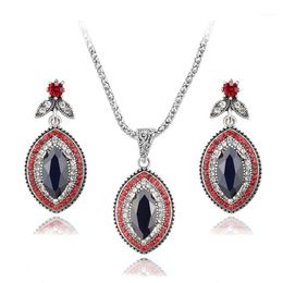 Earrings & Necklace Classic Turkey Style Retro Green/Red Rhinestone Blue Crystal Horse Eye Earring Jewelry 2 Pcs Set Valentine's Day Gifts