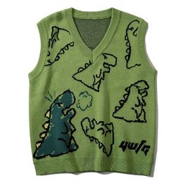 LACIBLE Harajuku Knitted Vest Tops Men Dinosaur Graffiti Graphic Sleeveless Vest Loose Casual Kintted Tank Pullover Streetwear 211006