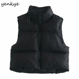 Fashion Women Vintage Black Quilted Padded Vest Stand Neck Sleeveless Streetwear Cropped Outerwear Plus Size Coat 210514