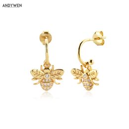 ANDYWEN 925 Sterling Silver Gold Zircon BEE EARRING Piercing Pendiente Drop Earring Fine Jewelry Clips Luxury 210608
