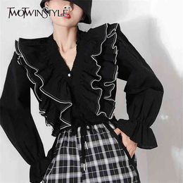 Patchwork Ruffle Shirt For Women V Neck Flare Long Sleeve Casual Elegant Blouse Female Fashion Clothing Spring 210524