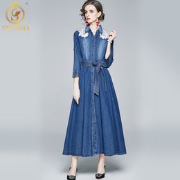 Women Autumn And Winter Elegant Denim Long Dresses High Quality Femme Lace Designer Runway Blue Vestidos 210520