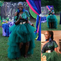 Green Sequined Evening Dress One Shoulder Short Sleeve Tiered Ruffled Puffy Tulle Prom Dresses A Line Celebrity Pageant Gown robe de soiree