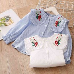 New Spring Autumn 2 3 4 6 8 10 Years Cotton White Blue Striped Embroidery Flower Flare Sleeve Kids Baby Girls Blouse Shirt 210331