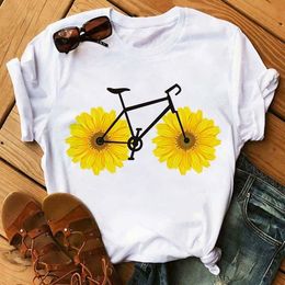 Bicicleta divertida con girasol para mujer camiseta verano Harajuku blanco de manga corta de dibujos animados de la ropa