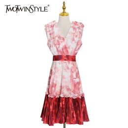 Hit Colour Patchwork Ruffle Dress For Women V Neck Sleeveless High Waist Midi Dresses Female Fashion Clothing 210520