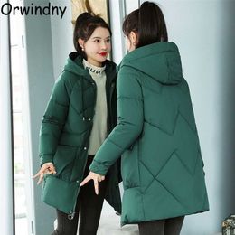 Orwindny Women Winter Jacket Thicken Warm Student Long Coat Hooded Solid Snow Wear Parkas Female Plus Size S-3XL 211221