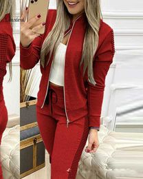 Two Piece Set Women Tracksuit Autumn Clothes Plaid Patchwork Hoodies Sweatshirt Crop Top and Pants Sports Jogging Suit Outfits Y0625