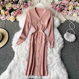 Sexy Bodycon Dress Stretch Vintage Knitted Solid Korean Clothing Autumn Winter Sweater Dresses Women Vestidos 18780 210415