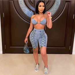 Denim Sexy Two Piece Sets Club Outfits for Women Festival Clothing Summer Co Ord Lace Up Jeans Shorts Set 2 Piece Matching Sets X0428