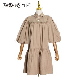 Loose Patchwork Ruched Women Dress Lapel Lantern Sleeve Casual Elegant Mini Dresses Female Fashion Summer 210520