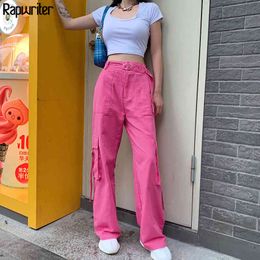 Rapwriter Streetwear Loose Sashes Straight Pant Women High Waist Trousers Full Length Cargo Pant Pink Buttons Capris Pocket 210415