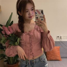 Chic Korean Slim Sweet Pink Square Neck Long Sleeve Lace Up Bandage Blouse Women Fashion Crop Tops Blusas Mujer Sexy Shirts 210429
