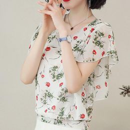 Floral Chiffon Women Blouse 2021 Summer O-Neck Ruffles Short-Sleeved Office Lady Elegant Pulls Outwear Tops Oversized 3xl Women's Blouses &