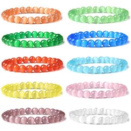 blue cats eye stone Canada - Beaded, Strands Arrival 8mm Smooth Cat Eye Stone Bracelet Opal Pink Blue Round Beads Elastic Cute Jewelry For Women Men