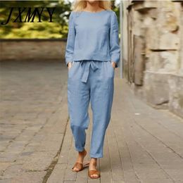 Autumn Office Lady Elegant Long Sleeve Outfit Women Solid Cotton Linen Two Piece Sets Casual O Neck Tops + Wide Leg Pants Suits 220315