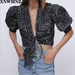 Women Fashion With Bow Tied Paisley Print Cropped Blouses Vintage Three Quarter Sleeve Female Shirts Chic Tops 210520