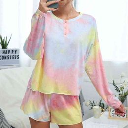 Autumn Long-Sleeved Button Tie-Dye O-Neck Home Casual Tops and shorts Women Two Piece outfits Suit set womens clothing 210508