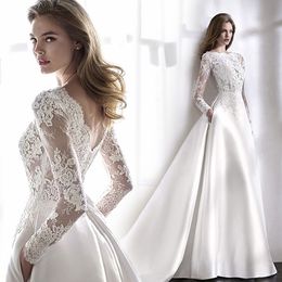 2022 Graceful Lace A Line Wedding Dress Long Sleeve Satin Bridal Gowns With Pockets Sexy Open Back Illusion Top Vestidos Simple Boho Beach Bride Dresses Custom Made