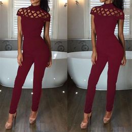 Women's Jumpsuits & Rompers Sexy Women Short Sleeve Bandage Turtleneck Leotard Stretch Bodysuit Office Lady Bodycon Cross Hollow Romper