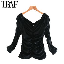 TRAF Women Sexy Fashion Pleated Velvet Blouses Vintage Slash Neck Long Sleeve Female Shirts Blusas Chic Tops 210415