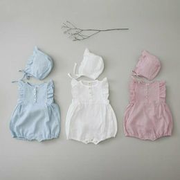 Summer New Newborn Infant Baby Cotton Soft Sleeveless Bodysuit Toddler Kid Flower Edge Solid Fashion Bodysuits + Hat 210413