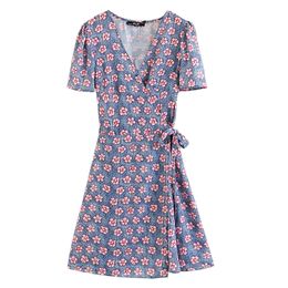 Pink Blue V Neck Short Sleeve Sash Wrap Dress Mini Summer Empire Flower Floral Print D0668 210514