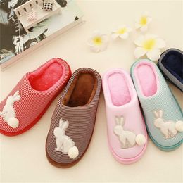 Winter Lovely Striped Rabbit Warm and Soft Indoor Home Antiskid Mute Couple Slippers For Men and Women Y0804