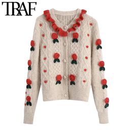 TRAF Women Fashion With Floral Details Cropped Knitted Cardigan Sweater Vintage Long Sleeve Female Outerwear Chic Tops 210415