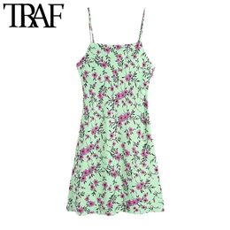 Women Chic Fashion Floral Print Cozy Mini Dress Vintage Backless With Buttons Thin Straps Female Dresses Vestidos 210507