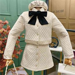 Fall Winter Thick Warm Vintage Two Piece Set Women Bow Short Jacket Coat + Bodycon Skirt Suits Female 2 Ensemble Femme 210514