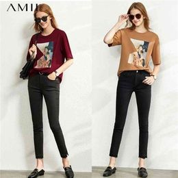 Amii round neck printed cotton short sleeve T-shirt women's new spring Summer top 1 007 210406