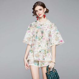 Summer Runway Elegant Cotton Two piece Suit Set Women Hollow Out Embroidery Floral Print Shirt Top +High waist Shorts 210529