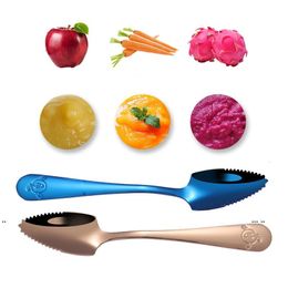 New Stainless Steel Spoon Fruit Scraping Mud Spoon Bilateral Serrated Household Baby Food Supplement Dredging Spoon EWF5698