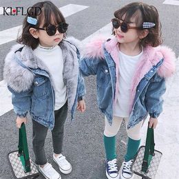 Winter children's Plush denim jacket coat baby short large hair collar for boys and girls 211203