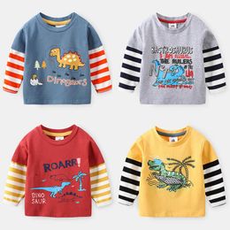 Spring Autumn Children's Clothing Baby Kids Long Sleeve Tees Boys Stripe Patchwork Animal T-Shirt For Boy 2 3 4 5 6 7 8 Year 210529