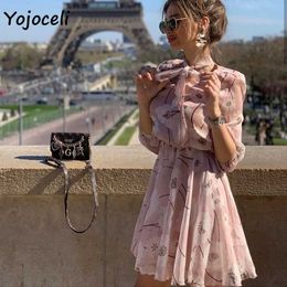 Yojoceli floral print bow chiffon dres streetwear beach mini female vestidos 210609