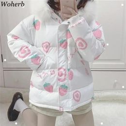 Japanese Harajuku Wadded Jackets Cartoon Print Kawaii Cute Female Hooded Sweet Padded Coat Fashion Outwear Tops 210519