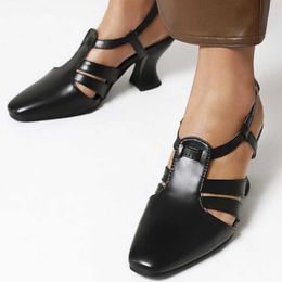 closed toe heels UK - Leather Sandals Women Closed Toe Summer Pumps Hoof Heels Ankle Strap Women's Shoes Plus Size 40-43 Chaussure Femme WSH3924 Dress