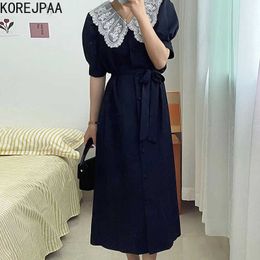 Korejpaa Women Dress Summer Korean Chic French Retro Lace Crochet Doll Collar Stitching Single-Breasted Puff Sleeve Vestido 210526