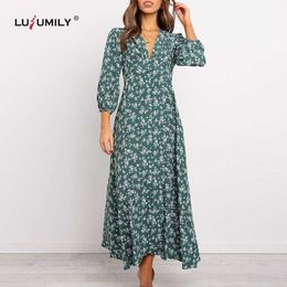 Lusumily Long DrWomen Fashion V Neck Long Sleeve Floral Print Slim Maxi Dresses Women Boho Ruffle Summer Sweet Sundress X0621