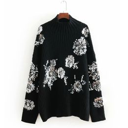 Women Vintage Autumn Winter Warm Sweaters O-Neck Pullovers Beads Black Loose Plus Size Female Street Knitted Sweater 210513