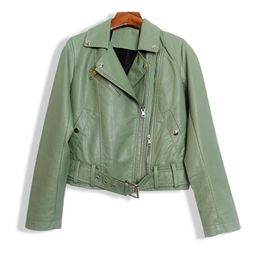 Women's Leather & Faux Autumn Womens Mint Green Belt PU Jacket Winter European Fashion Lapel Zipper Rivet Slim Short Coat