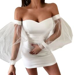 Women Pencil Dress Puff Sleeve Transparent Solid Color Off-the-Shoulder Mesh Slim Elegant Ladies Mini Clothing 210522