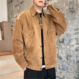 Men Casual Shirt Coats Fashion Korean Version Leather Stand Collar Long Sleeve Outerwears Designer Male Loose Single Breasted Corduroy Jackets