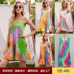 Summer Women's Sleeveless Round Neck Pocket Tie Dye Printed Vest Camisole Dress Casual Loose Beachwear A-Line Mini 210517
