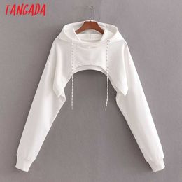 Tangada Women White Crop Hoodie Sweatshirts Spring Oversize Ladies Pullovers Hooded Tops 1D200 210609